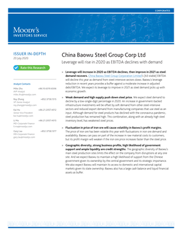 China Baowu Steel Group Corp Ltd 20 July 2020 Leverage Will Rise in 2020 As EBITDA Declines with Demand