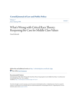 What's Wrong with Critical Race Theory?: Reopening the Case for Middle Class Values