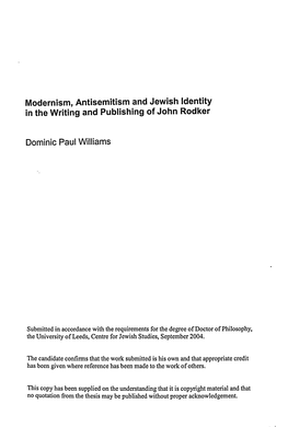 Modernism, Antisemitism and Jewish Identity in the Writing and Publishing of John Rodker