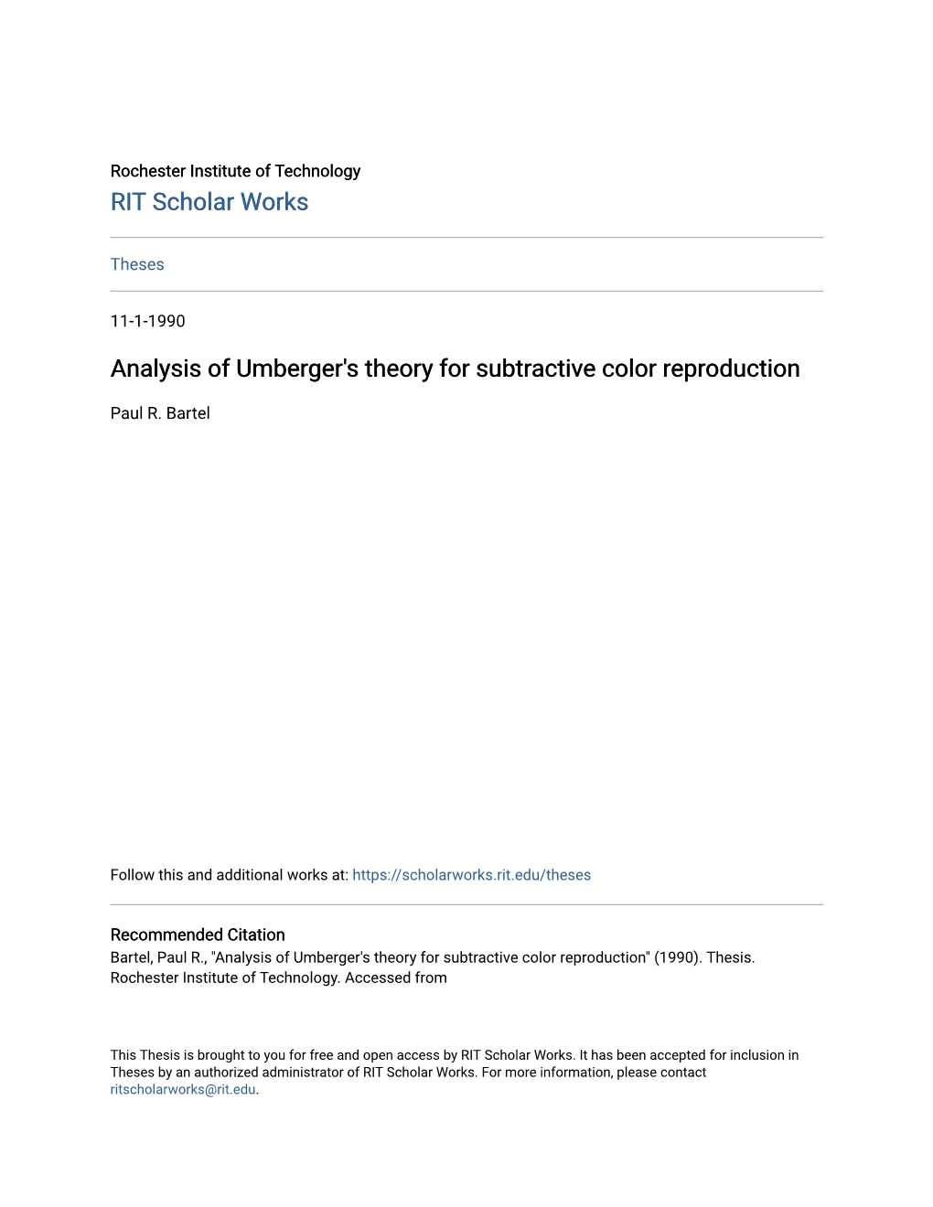 Analysis of Umberger's Theory for Subtractive Color Reproduction