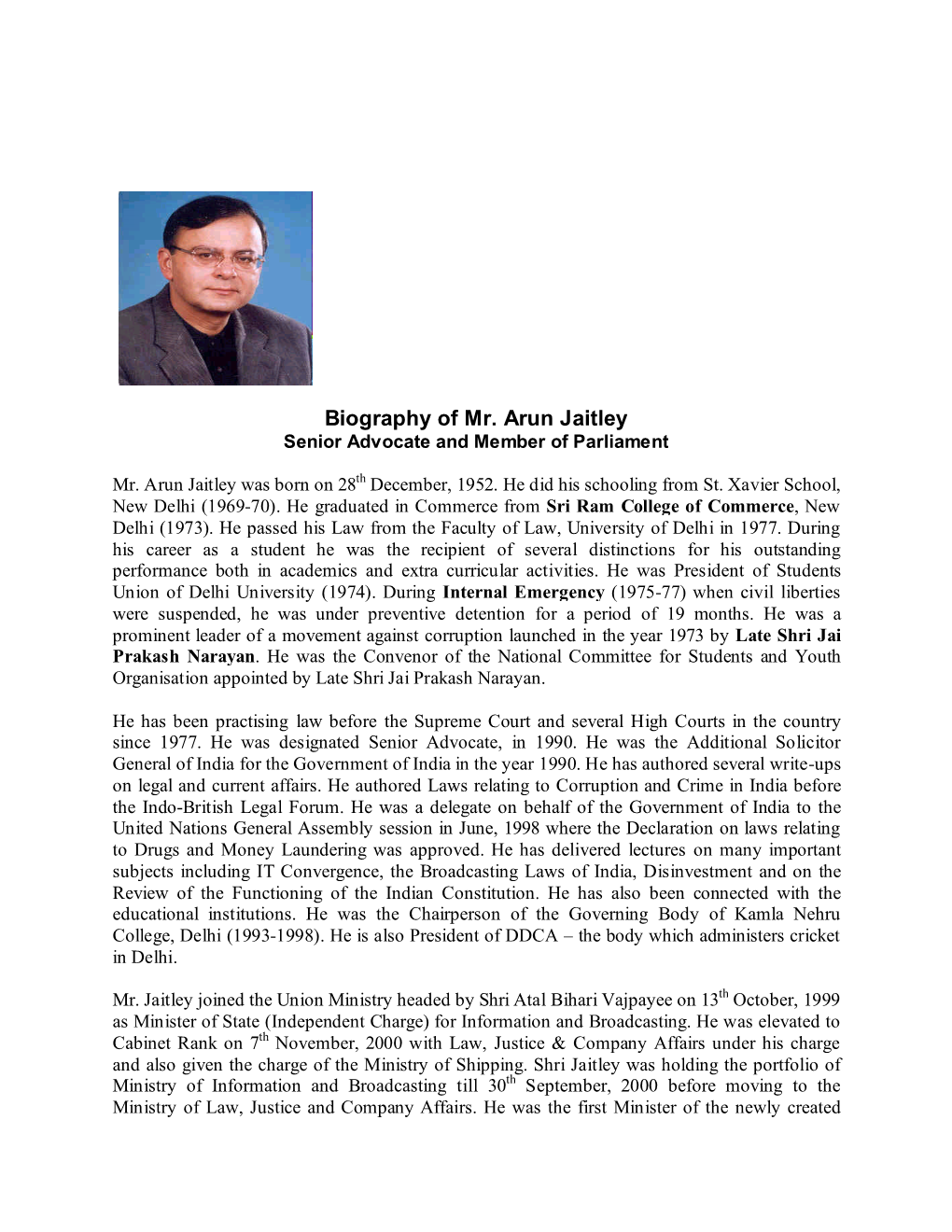 Biography of Mr. Arun Jaitley Senior Advocate and Member of Parliament