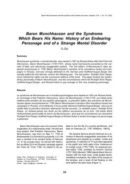 Baron Munchhausen and the Syndrome Which Bears His Name: History of an Endearing Personage and of a Strange Mental Disorder
