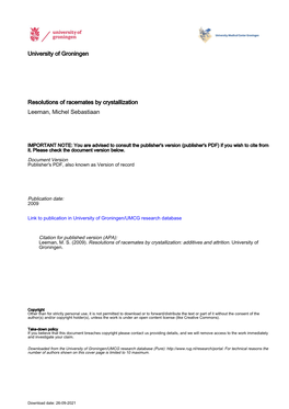 University of Groningen Resolutions of Racemates by Crystallization
