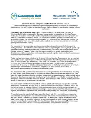 Cincinnati Bell Inc. Completes Combination with Hawaiian Telcom