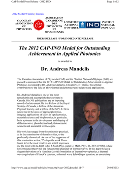 The 2012 CAP-INO Medal for Outstanding Achievement in Applied Photonics