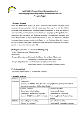 KAKEHASHI Project (United States of America) Inbound Program for High School Students the 2Nd Slot Program Report