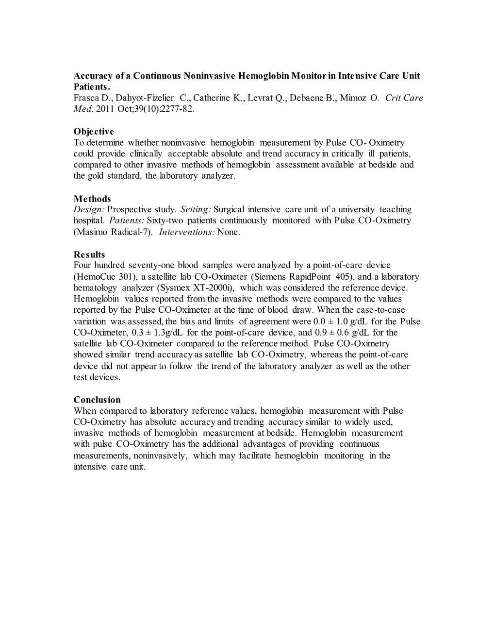 Accuracy Of A Continuous Noninvasive Hemoglobin Monitor In Intensive ...