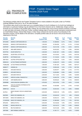 Franklin Green Target Income 2024 Fund August 31, 2021