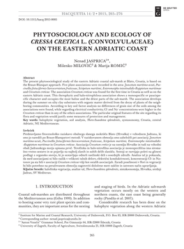Phytosociology and Ecology of Cressa Cretica L. (Convolvulaceae) on the Eastern Adriatic Coast