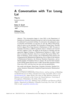 A Conversation with Tze Leung Lai Ying Lu Stanford University And