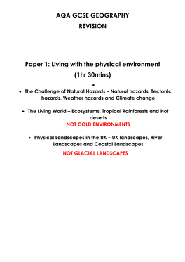 AQA GCSE GEOGRAPHY REVISION Paper 1: Living with the Physical