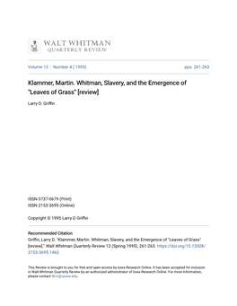 Klammer, Martin. Whitman, Slavery, and the Emergence of "Leaves of Grass" [Review]