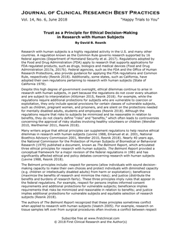 Trust As a Principle for Ethical Decision-Making in Research with Human Subjects by David B