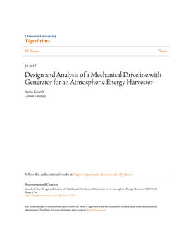 Design and Analysis of a Mechanical Driveline with Generator for an Atmospheric Energy Harvester Sneha Ganesh Clemson University