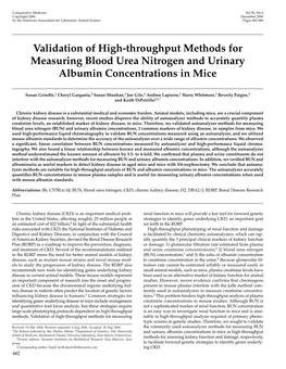 Validation of High-Throughput Methods for Measuring Blood Urea Nitrogen and Urinary Albumin Concentrations in Mice