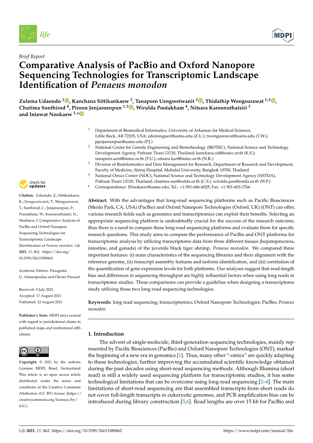 Comparative Analysis of Pacbio and Oxford Nanopore Sequencing Technologies for Transcriptomic Landscape Identiﬁcation of Penaeus Monodon