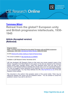 Retreat from the Global? European Unity and British Progressive Intellectuals, 1930- 1945