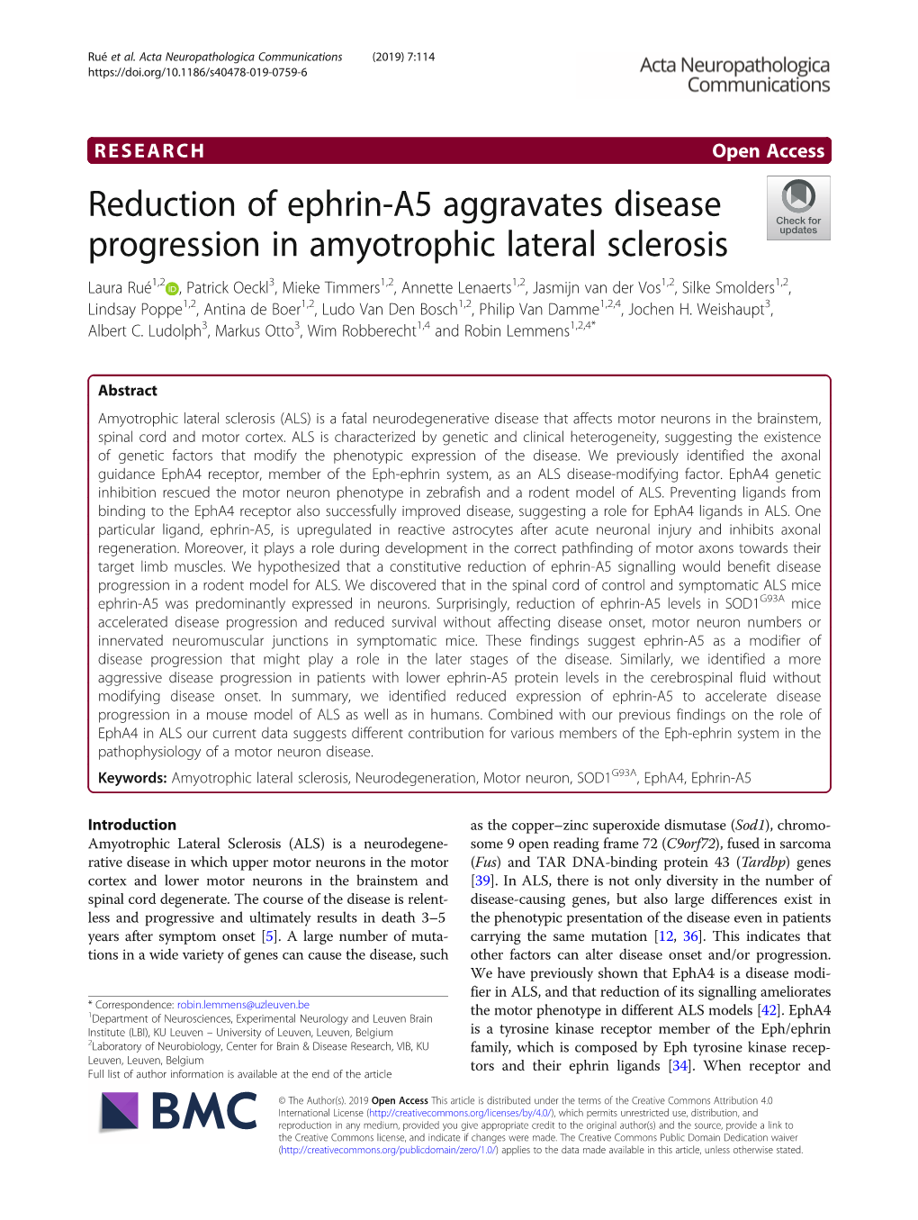 Reduction of Ephrin-A5 Aggravates Disease Progression in Amyotrophic