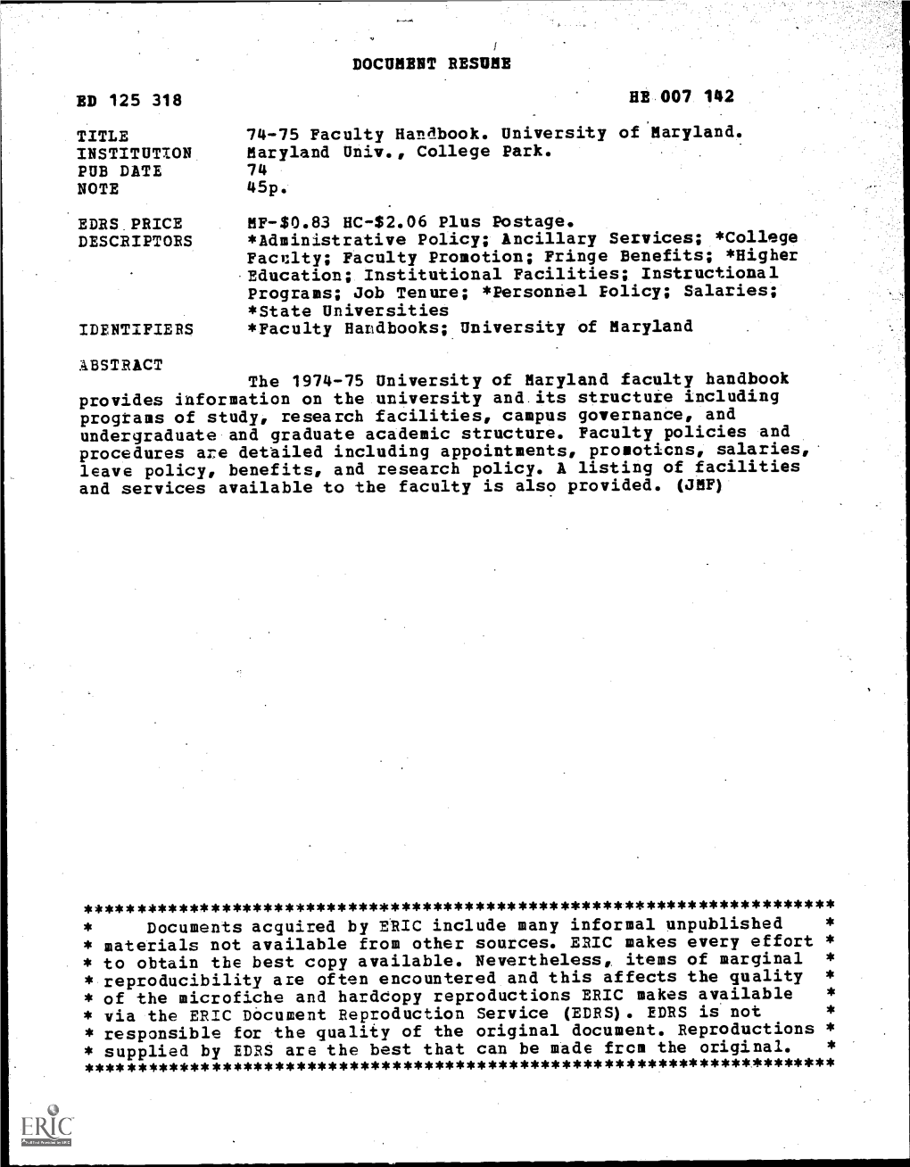 DOCUMENT RESUME ED 125 318 Hr 007 142 TITLE 74-75 Faculty