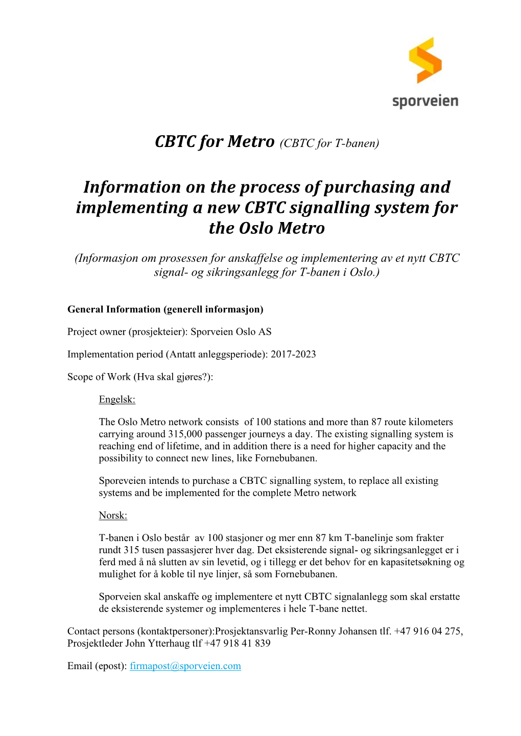 CBTC for Metro (CBTC for T-Banen)