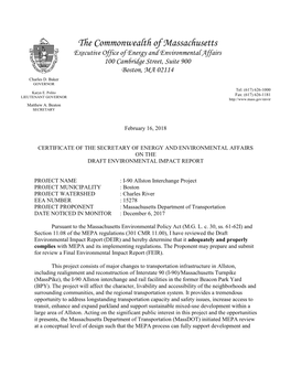 The Commonwealth of Massachusetts Executive Office of Energy and Environmental Affairs 100 Cambridge Street, Suite 900 Boston, MA 02114 Charles D