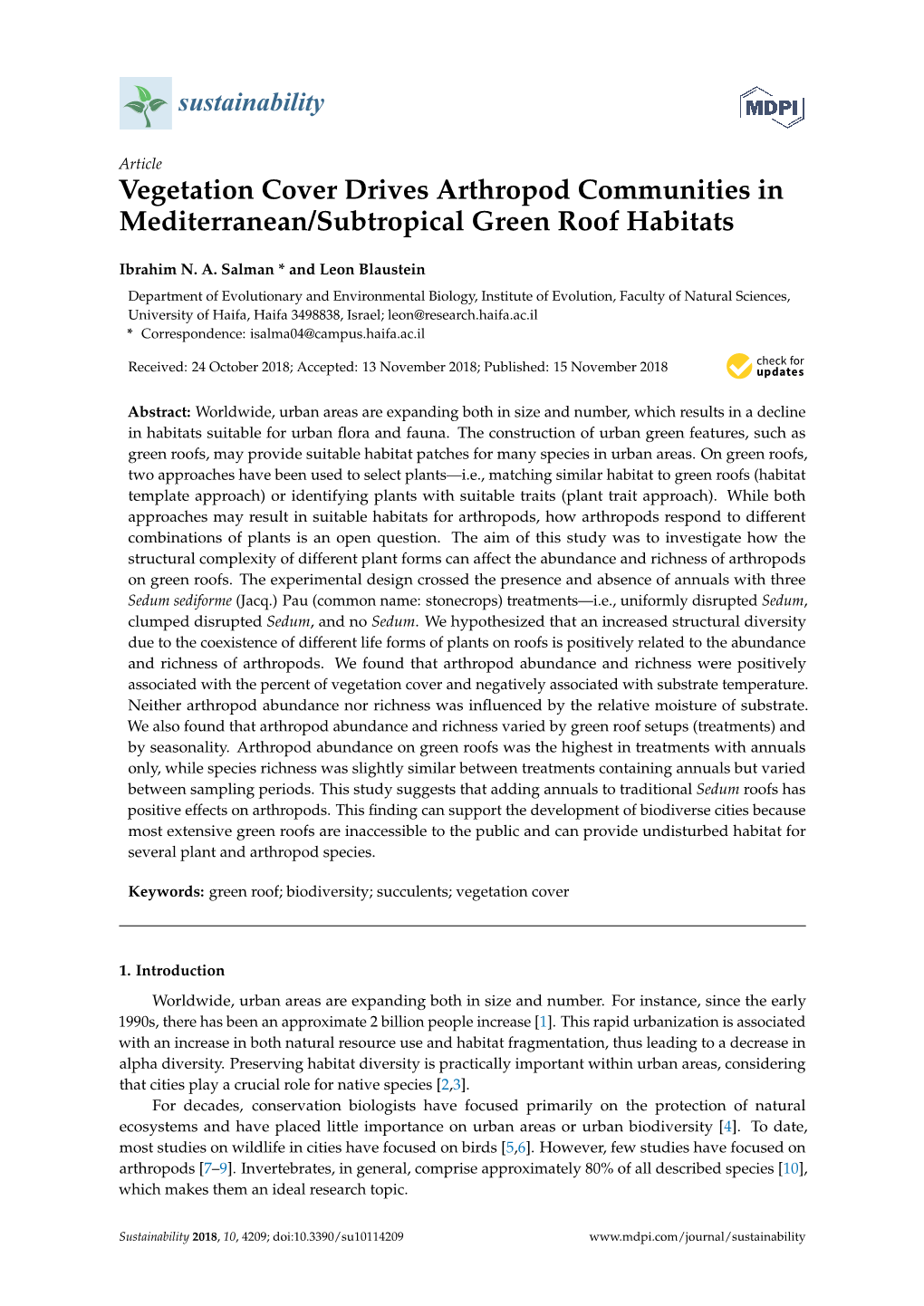 Vegetation Cover Drives Arthropod Communities in Mediterranean/Subtropical Green Roof Habitats