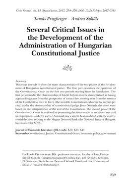 Several Critical Issues in the Development of the Administration of Hungarian Constitutional Justice
