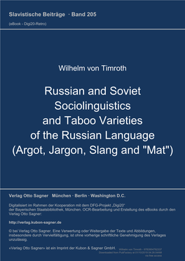 Russian and Soviet Sociolinguistics and Taboo Varieties of the Russian Language (Argot, Jargon, Slang and "Mat")
