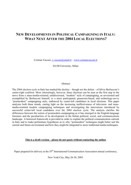 New Developments in Political Campaigning in Italy: What Next After the 2004 Local Elections?
