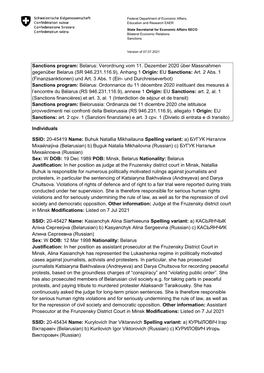 Sanctions Program: Belarus: Verordnung Vom 11. Dezember 2020 Über Massnahmen Gegenüber Belarus (SR 946.231.116.9), Anhang 1 Origin: EU Sanctions: Art