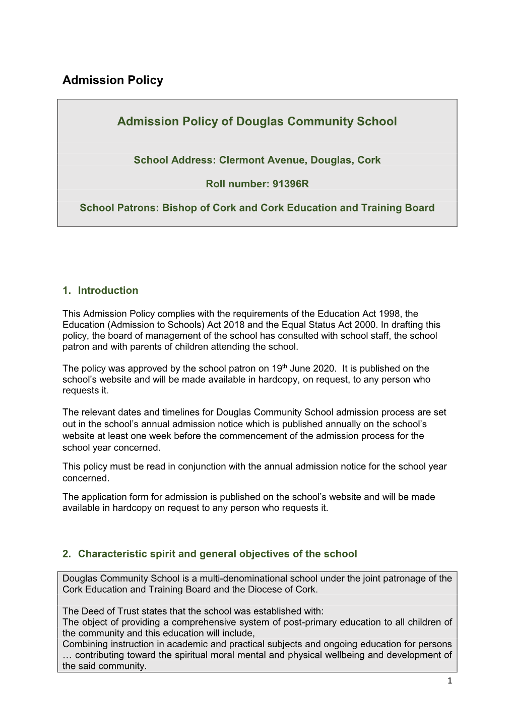 Admission Policy of Douglas Community School