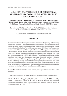A Camera Trap Assessment of Terrestrial Vertebrates in Taman Negara Kelantan and Terengganu, Malaysia