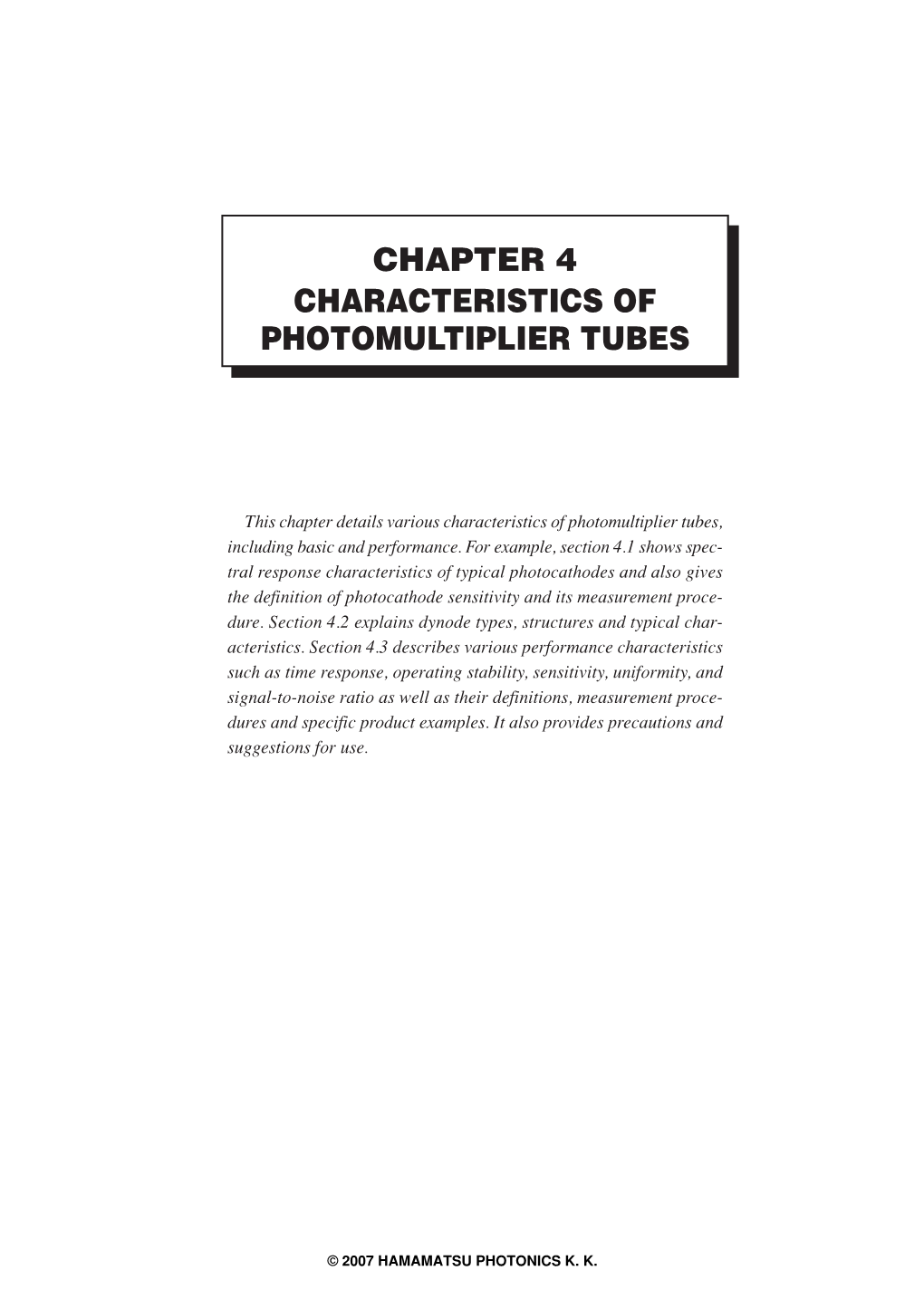 Chapter 4 Characteristics of Photomultiplier Tubes
