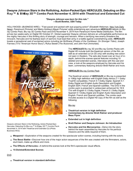 Dwayne Johnson Stars in the Rollicking, Action-Packed Epic HERCULES, Debuting on Blu- Ray™ & Blu-Ray 3D™ Combo Pack November 4, 2014 with Theatrical and Extended Cut