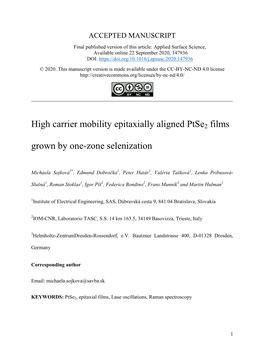 High Carrier Mobility Epitaxially Aligned Ptse2 Films Grown by One-Zone Selenization