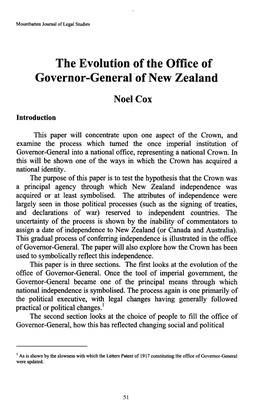 The Evolution of the Office of Governor-General'ofnew Zealand