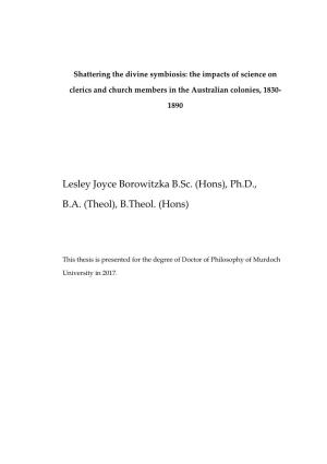 Lesley Joyce Borowitzka B.Sc. (Hons), Ph.D., BA (Theol)