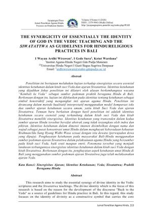The Synergicity of Essentially the Identity of God in the Vedic Teaching and the Siwatattwa As Guidelines for Hindureligious Practices in Bali