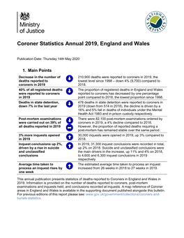 Coroner Statistics Annual 2019, England and Wales