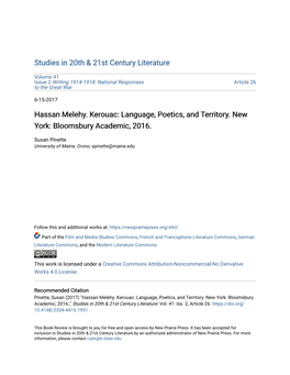 Hassan Melehy. Kerouac: Language, Poetics, and Territory. New York: Bloomsbury Academic, 2016