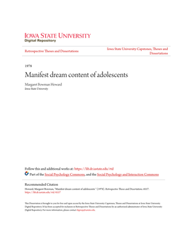 Manifest Dream Content of Adolescents Margaret Bowman Howard Iowa State University
