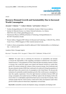 Resource Demand Growth and Sustainability Due to Increased World Consumption