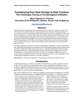 Transitioning from Data Storage to Data Curation: the Challenges Facing an Archaeological Institution Maria Sagrario R