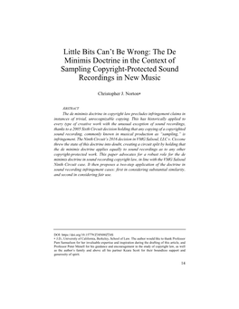 The De Minimis Doctrine in the Context of Sampling Copyright-Protected Sound Recordings in New Music