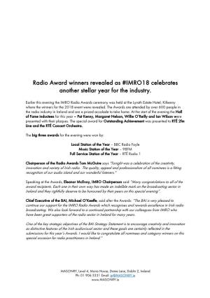 Radio Award Winners Revealed As #IMRO18 Celebrates Another Stellar Year for the Industry