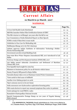 Current Affairs 01 March to 31 March - 2017 NATIONAL Topic Page No