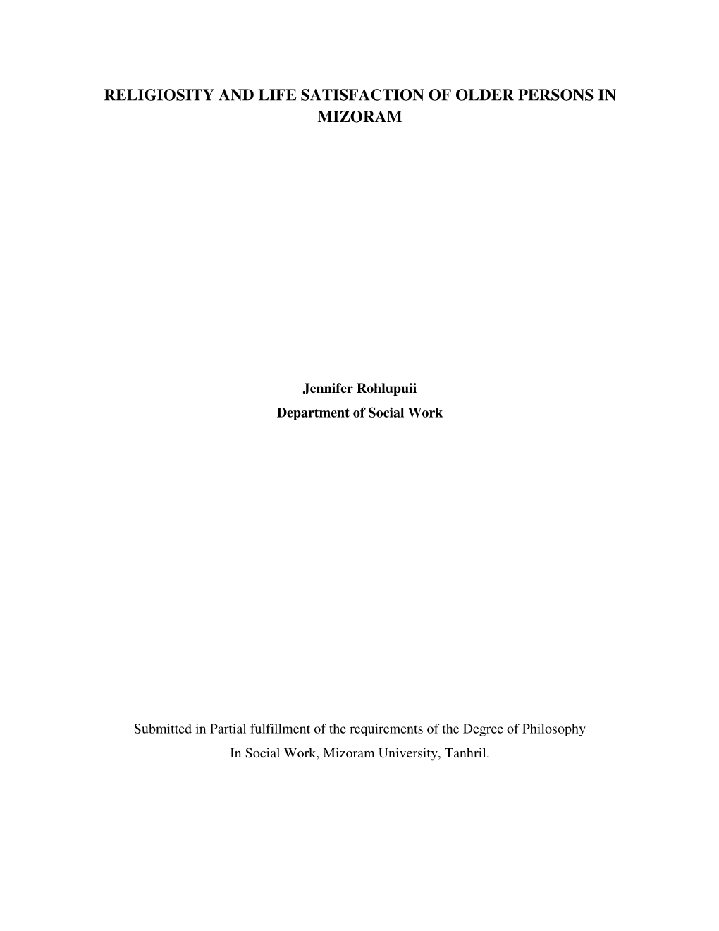 Religiosity and Life Satisfaction of Older Persons in Mizoram