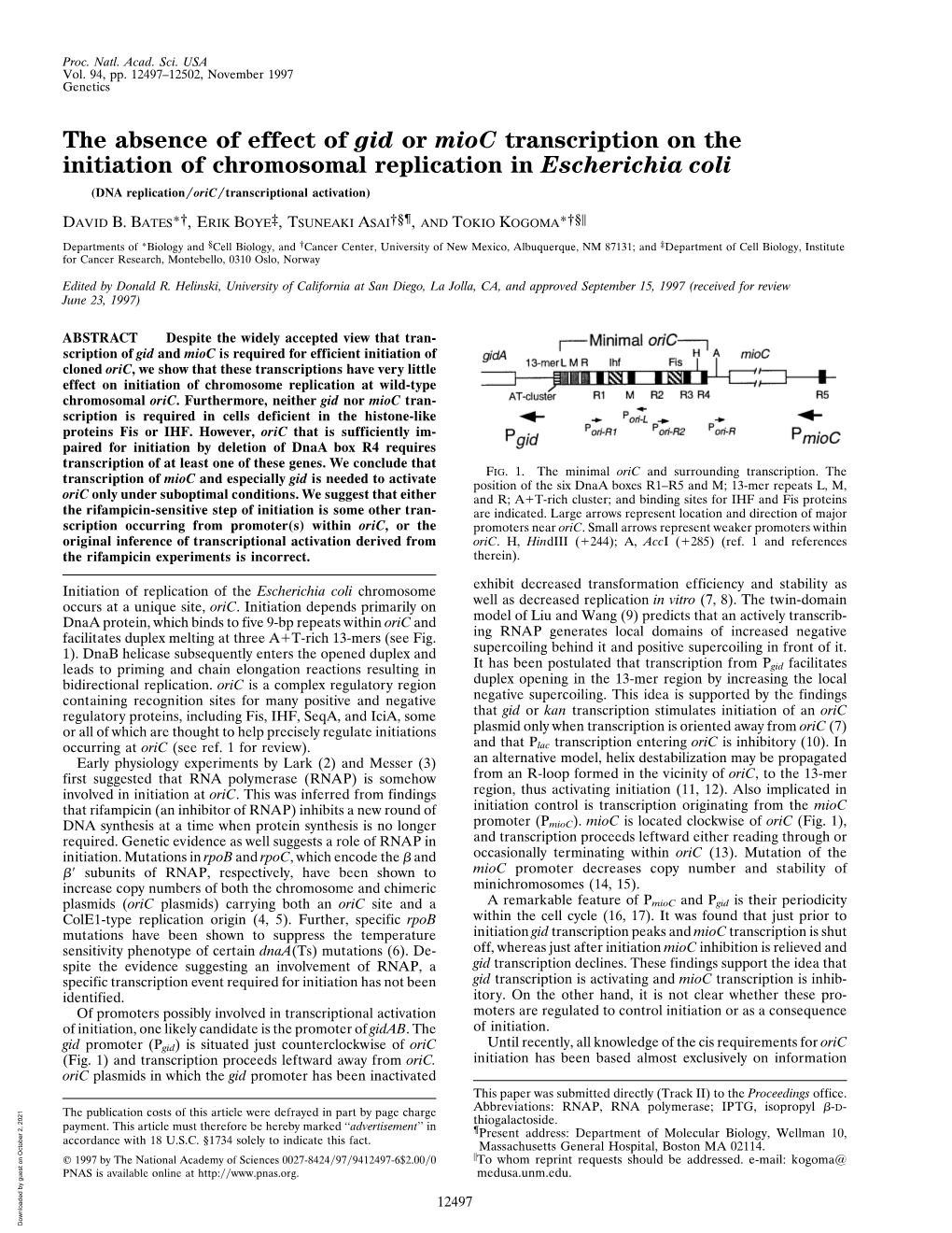 The Absence of Effect of Gid Or Mioc Transcription on the Initiation of Chromosomal Replication in Escherichia Coli (DNA Replication͞oric͞transcriptional Activation)