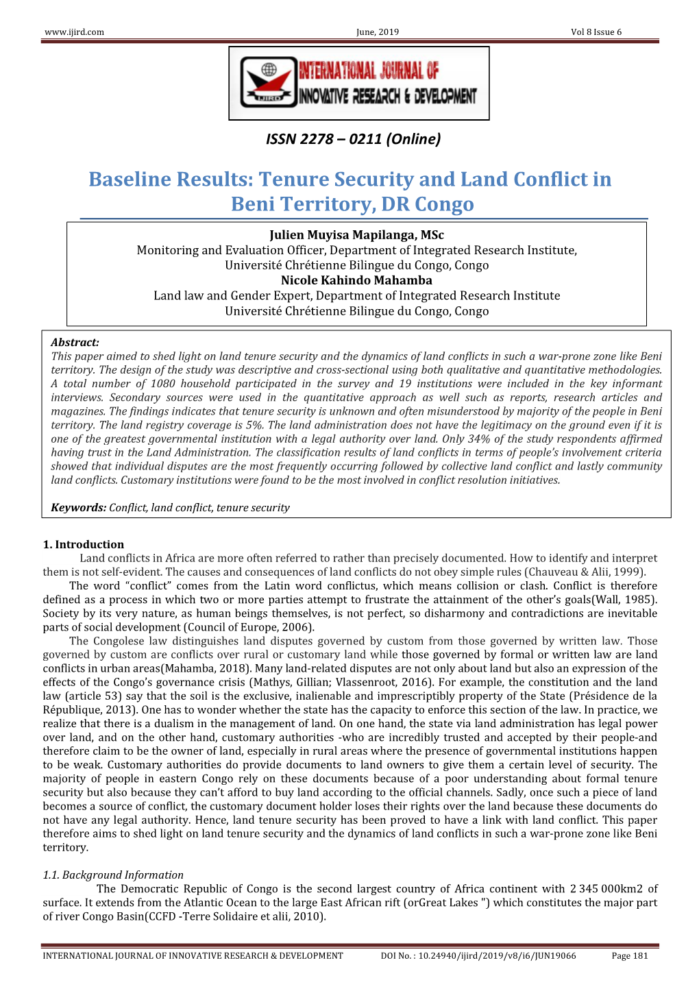 Tenure Security and Land Conflict in Beni Territory, DR Congo