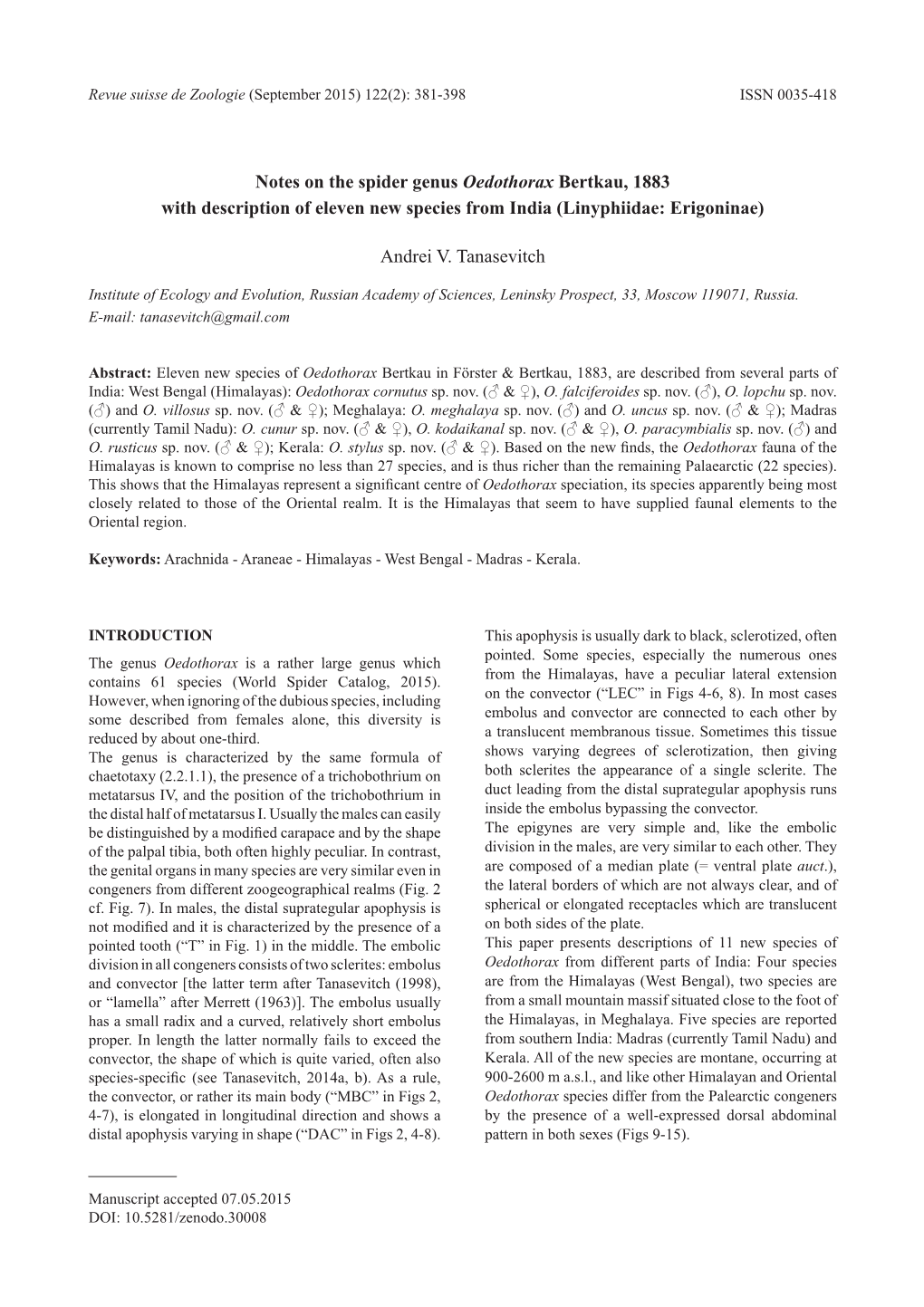 Notes on the Spider Genus Oedothorax Bertkau, 1883 with Description of Eleven New Species from India (Linyphiidae: Erigoninae)